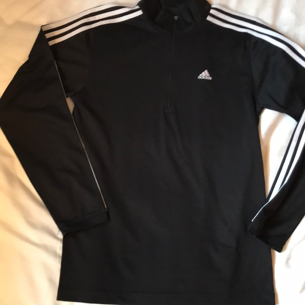 Adidas climalite 1/4 zip black long sleeve w white sleeve stripes EUC